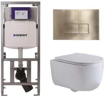 Geberit QeramiQ Dely Swirl Toiletset - 36.3x51.7cm - Geberit UP320 inbouwreservoir - met Burda frame - slim zitting - geborsteld messing bedieningsplaat - rechthoekige knoppen - wit glans 0701131/SW706201/SW1000766/SW1026256