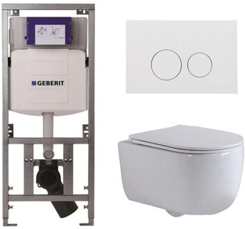 Geberit QeramiQ Dely Swirl Toiletset - 36.3x51.7cm - Geberit UP320 inbouwreservoir - met Burda frame - slim zitting - glans witte bedieningsplaat - ronde knoppen - wit glans 0701131/SW706186/SW1000766/SW1026256