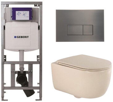 Geberit QeramiQ Dely Swirl Toiletset - 36.3x51.7cm - Geberit UP320 inbouwreservoir - met Burda frame - slim zitting - gunmetal bedieningsplaat - rechthoekige knoppen - beige 0701131/SW706199/SW1000770/SW1026259 Beige mat