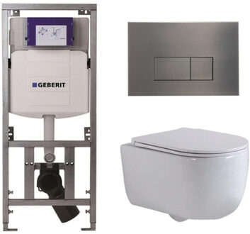 Geberit QeramiQ Dely Swirl Toiletset - 36.3x51.7cm - Geberit UP320 inbouwreservoir - met Burda frame - slim zitting - gunmetal bedieningsplaat - rechthoekige knoppen - wit glans 0701131/SW706199/SW1000766/SW1026256