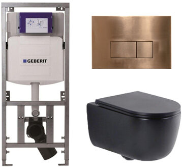 Geberit QeramiQ Dely Swirl Toiletset - 36.3x51.7cm - Geberit UP320 inbouwreservoir - met Burda frame - slim zitting - koperen bedieningsplaat - rechthoekige knoppen - mat zwart 0701131/SW706197/SW1000768/SW1026258 Zwart mat
