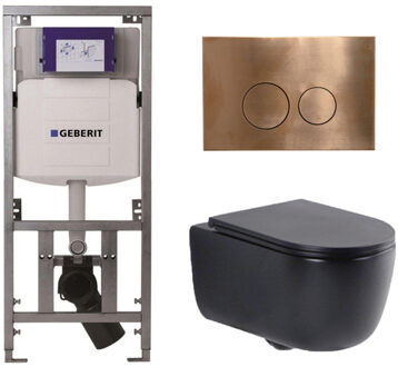 Geberit QeramiQ Dely Swirl Toiletset - 36.3x51.7cm - Geberit UP320 inbouwreservoir - met Burda frame - slim zitting - koperen bedieningsplaat - ronde knoppen - mat zwart 0701131/SW706196/SW1000768/SW106258 Zwart mat