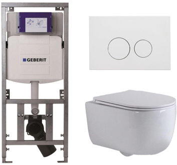 Geberit QeramiQ Dely Swirl Toiletset - 36.3x51.7cm - Geberit UP320 inbouwreservoir - met Burda frame - slim zitting - mat witte metalen bedieningsplaat - ronde knoppen - wit glans 0701131/SW706190/SW1000766/SW1026256