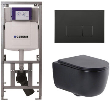 Geberit QeramiQ Dely Swirl Toiletset - 36.3x51.7cm - Geberit UP320 inbouwreservoir - met Burda frame - slim zitting - mat zwarte bedieningsplaat - rechthoekige knoppen - mat zwart SW1000768/SW1026258/0701131/SW706189 Zwart mat