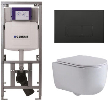 Geberit QeramiQ Dely Swirl Toiletset - 36.3x51.7cm - Geberit UP320 inbouwreservoir - met Burda frame - slim zitting - mat zwarte bedieningsplaat - rechthoekige knoppen - wit glans SW1000766/Sw1026256/0701131/SW706189