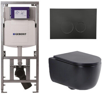 Geberit QeramiQ Dely Swirl Toiletset - 36.3x51.7cm - Geberit UP320 inbouwreservoir - met Burda frame - slim zitting - mat zwarte bedieningsplaat - ronde knoppen - mat zwart 0701131/SW706188/SW1000768/SW1026258 Zwart mat