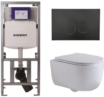 Geberit QeramiQ Dely Swirl Toiletset - 36.3x51.7cm - Geberit UP320 inbouwreservoir - met Burda frame - slim zitting - mat zwarte bedieningsplaat - ronde knoppen - wit glans 0701131/SW706188/SW1000766/SW1026256