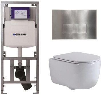 Geberit QeramiQ Dely Swirl Toiletset - 36.3x51.7cm - Geberit UP320 inbouwreservoir - met Burda frame - slim zitting - steel bedieningsplaat - rechthoekige knoppen - wit glans 0701131/SW706195/SW1000766/SW1026256