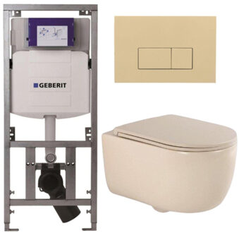 Geberit QeramiQ Dely Swirl Toiletset - 36.3x51.7cm - Geberit UP320 inbouwreservoir - met Burda frame - slimzitting - bedieningsplaat beige - rechthoekige knoppen - beige 0701131/SW1102366/SW1000770/SW1026259 Beige mat
