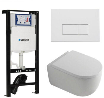 Geberit QeramiQ Dely Swirl Toiletset - 36.3x51.7cm - Inbouwreservoir met Geberit UP320 spoelmechanisme - 35mm zitting - mat witte metalen bedieningsplaat - rechthoekige knoppen - wit glans SW1381697/SW706191/SW1000767/SW1026256