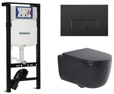 Geberit QeramiQ Dely Swirl Toiletset - 36.3x51.7cm - Inbouwreservoir met Geberit UP320 spoelmechanisme - 35mm zitting - mat zwarte bedieningsplaat - rechthoekige knoppen - mat zwart SW1000769/SW1026258/SW1381697/SW706189 Zwart mat