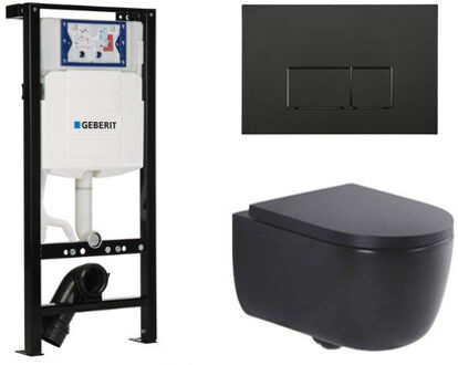 Geberit QeramiQ Dely Swirl Toiletset - 36.3x51.7cm - Inbouwreservoir met Geberit UP320 spoelmechanisme - 35mm zitting - mat zwarte metalen bedieningsplaat - rechthoekige knoppen - mat zwart SW1381697/SW706193/SW1000769/SW1026258 Zwart mat