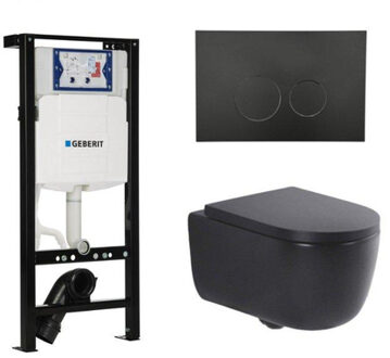 Geberit QeramiQ Dely Swirl Toiletset - 36.3x51.7cm - Inbouwreservoir met Geberit UP320 spoelmechanisme - 35mm zitting - mat zwarte metalen bedieningsplaat - ronde knoppen - mat zwart SW1381697/SW706192/SW1000769/SW1026258 Zwart mat