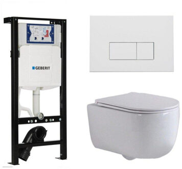 Geberit QeramiQ Dely Swirl Toiletset - 36.3x51.7cm - Inbouwreservoir met Geberit UP320 spoelmechanisme - slim zitting - mat witte metalen bedieningsplaat - rechthoekige knoppen - wit glans SW1381697/SW706191/SW1000766/SW1026256