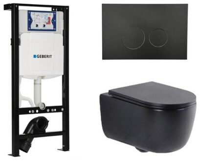Geberit QeramiQ Dely Swirl Toiletset - 36.3x51.7cm - Inbouwreservoir met Geberit UP320 spoelmechanisme - slim zitting - mat zwarte bedieningsplaat - ronde knoppen - mat zwart SW1381697/SW706188/SW1000768/SW1026258 Zwart mat