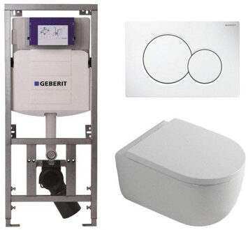 Geberit QeramiQ Dely Swirl Toiletset - 36.5x53cm - Geberit UP320 inbouwreservoir - met Burda frame - 35mm zitting - witte sigma bedieningsplaat - ronde knoppen - glans wit 0701131/0700518/SW1000767/SW1026256 Wit glans