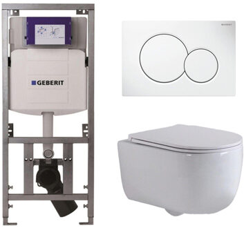 Geberit QeramiQ Dely Swirl Toiletset - 36.5x53cm - Geberit UP320 inbouwreservoir - met Burda frame - slim zitting - witte sigma bedieningsplaat - ronde knoppen - glans wit 0701131/0700518/SW1000766/SW1026256 Wit glans