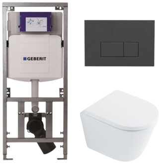 Geberit QeramiQ Dely Toiletset - 36.3x51.7cm - diepspoel - rimless - Geberit UP320 inbouwreservoir - met Burda frame - softclose toilet zitting 35 mm - bedieningsplaat antraciet mat - rechthoekige knoppen - wit glans SW1026255 / SW1159505 /0701131/SW1102377