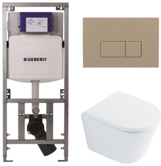 Geberit QeramiQ Dely Toiletset - 36.3x51.7cm - diepspoel - rimless - Geberit UP320 inbouwreservoir - met Burda frame - softclose toilet zitting 35 mm - bedieningsplaat taupe - rechthoekige knoppen - wit glans SW1026255 / SW1159505/0701131/SW1102379