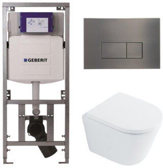 Geberit QeramiQ Dely Toiletset - 36.3x51.7cm - diepspoel - rimless - Geberit UP320 inbouwreservoir - met Burda frame - softclose toilet zitting 35 mm - gunmetal bedieningsplaat - rechthoekige knoppen - wit glans SW1026255 / SW1159505/0701131/SW706199