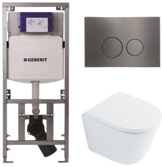 Geberit QeramiQ Dely Toiletset - 36.3x51.7cm - diepspoel - rimless - Geberit UP320 inbouwreservoir - met Burda frame - softclose toilet zitting 35 mm - gunmetal bedieningsplaat - ronde knoppen - wit glans SW1026255 / SW1159505/0701131/SW706198