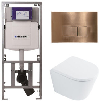 Geberit QeramiQ Dely Toiletset - 36.3x51.7cm - diepspoel - rimless - Geberit UP320 inbouwreservoir - met Burda frame - softclose toilet zitting 35 mm - koperen bedieningsplaat - rechthoekige knoppen - wit glans SW1026255 / SW1159505/0701131/SW706197