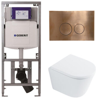 Geberit QeramiQ Dely Toiletset - 36.3x51.7cm - diepspoel - rimless - Geberit UP320 inbouwreservoir - met Burda frame - softclose toilet zitting 35 mm - koperen bedieningsplaat - ronde knoppen - wit glans SW1026255 / SW1159505/0701131/SW706196