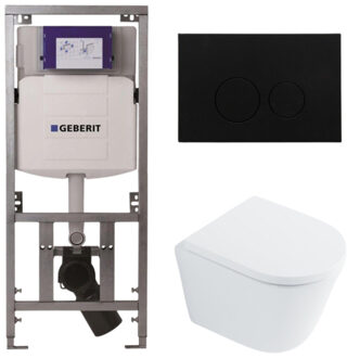 Geberit QeramiQ Dely Toiletset - 36.3x51.7cm - diepspoel - rimless - Geberit UP320 inbouwreservoir - met Burda frame - softclose toilet zitting 35 mm - kunststof mat zwarte bedieningsplaat - ronde knoppen - wit glans SW1026255 / SW1159505/0701131/SW706188