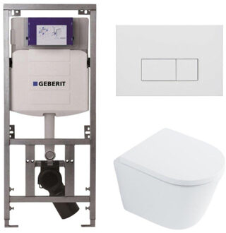 Geberit QeramiQ Dely Toiletset - 36.3x51.7cm - diepspoel - rimless - Geberit UP320 inbouwreservoir - met Burda frame - softclose toilet zitting 35 mm - mat witte bedieningsplaat - rechthoekige knoppen - wit glans SW1026255 / SW1159505/0701131/SW706191
