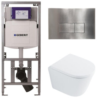 Geberit QeramiQ Dely Toiletset - 36.3x51.7cm - diepspoel - rimless - Geberit UP320 inbouwreservoir - met Burda frame - softclose toilet zitting 35 mm - steel bedieningsplaat - rechthoekige knoppen - wit glans SW1026255 / SW1159505/0701131/SW706195