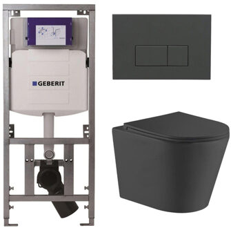 Geberit QeramiQ Dely Toiletset - 36.3x51.7cm - diepspoel - rimless - Geberit UP320 inbouwreservoir - met Burda frame - softclose toiletzitting - bedieningsplaat antraciet mat - rechtehoekige knoppen - mat zwart SW1026253/0701131/SW1102377/SW1000768 Zwart mat