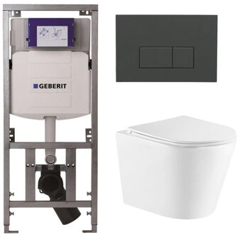 Geberit QeramiQ Dely Toiletset - 36.3x51.7cm - diepspoel - rimless - Geberit UP320 inbouwreservoir - met Burda frame - softclose toiletzitting - bedieningsplaat antraciet mat - rechtehoekige knoppen - wit glans SW1159504/0701131/SW1102377/SW1026255