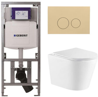 Geberit QeramiQ Dely Toiletset - 36.3x51.7cm - diepspoel - rimless - Geberit UP320 inbouwreservoir - met Burda frame - softclose toiletzitting - bedieningsplaat beige - ronde knoppen - wit glans SW1026255/0701131/SW1102365/SW1159504