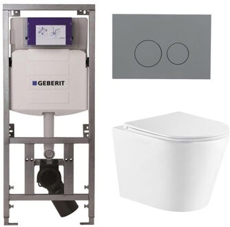 Geberit QeramiQ Dely Toiletset - 36.3x51.7cm - diepspoel - rimless - Geberit UP320 inbouwreservoir - met Burda frame - softclose toiletzitting - bedieningsplaat licht grijs - ronde knoppen - wit glans SW1159504/0701131/SW1102374/SW1026255