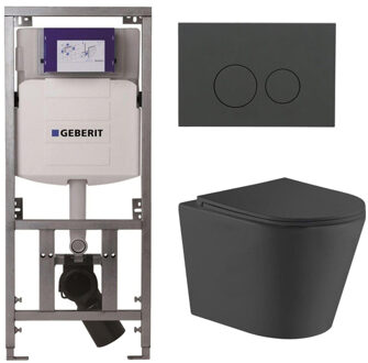 Geberit QeramiQ Dely Toiletset - 36.3x51.7cm - diepspoel - rimless - Geberit UP320 inbouwreservoir - met Burda frame - softclose toiletzitting - bedieningsplaat mat antraciet - ronde knoppen - zwart mat SW1026253/0701131/SW1102376/SW1000768