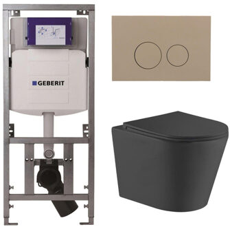 Geberit QeramiQ Dely Toiletset - 36.3x51.7cm - diepspoel - rimless - Geberit UP320 inbouwreservoir - met Burda frame - softclose toiletzitting - bedieningsplaat taupe - ronde knoppen - zwart mat SW1026253/0701131/SW1102378/SW1000768
