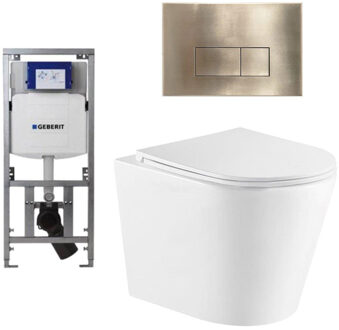 Geberit QeramiQ Dely Toiletset - 36.3x51.7cm - diepspoel - rimless - Geberit UP320 inbouwreservoir - met Burda frame - softclose toiletzitting - geborsteld messing bedieningsplaat - rechtehoekige knoppen - wit glans SW1026255/0701131/SW706201/SW1159504