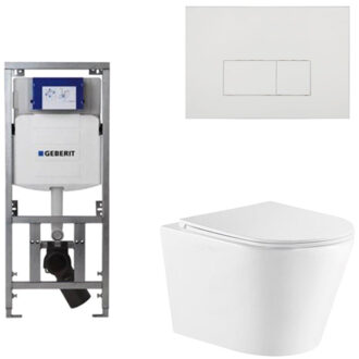 Geberit QeramiQ Dely Toiletset - 36.3x51.7cm - diepspoel - rimless - Geberit UP320 inbouwreservoir - met Burda frame - softclose toiletzitting - glans witte bedieningsplaat - rechthoekige knoppen - wit mat SW1000766/0701131/SW706187/SW1026254