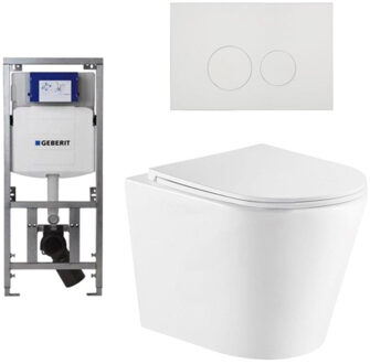 Geberit QeramiQ Dely Toiletset - 36.3x51.7cm - diepspoel - rimless - Geberit UP320 inbouwreservoir - met Burda frame - softclose toiletzitting - glans witte bedieningsplaat - ronde knoppen - wit glans SW1026255/0701131/SW706186/SW1159504