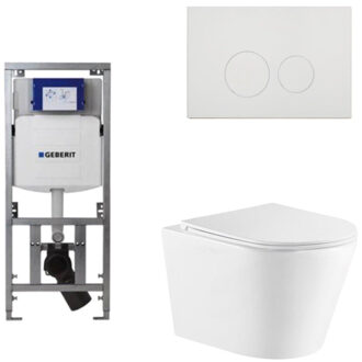 Geberit QeramiQ Dely Toiletset - 36.3x51.7cm - diepspoel - rimless - Geberit UP320 inbouwreservoir - met Burda frame - softclose toiletzitting - glans witte bedieningsplaat - ronde knoppen - wit mat SW1000766/0701131/SW706186/SW1026254
