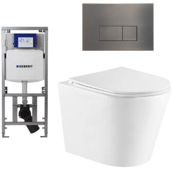Geberit QeramiQ Dely Toiletset - 36.3x51.7cm - diepspoel - rimless - Geberit UP320 inbouwreservoir - met Burda frame - softclose toiletzitting - gunmetal bedieningsplaat - rechtehoekige knoppen - wit mat SW1026254/0701131/SW706199/SW1000766