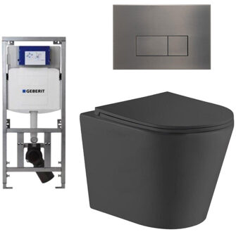 Geberit QeramiQ Dely Toiletset - 36.3x51.7cm - diepspoel - rimless - Geberit UP320 inbouwreservoir - met Burda frame - softclose toiletzitting - gunmetal bedieningsplaat - rechtehoekige knoppen - zwart mat SW1026253/0701131/SW706199/SW1000768