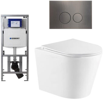 Geberit QeramiQ Dely Toiletset - 36.3x51.7cm - diepspoel - rimless - Geberit UP320 inbouwreservoir - met Burda frame - softclose toiletzitting - gunmetal bedieningsplaat - ronde knoppen - wit glans SW1026255/0701131/SW706198/SW1159504