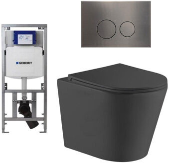 Geberit QeramiQ Dely Toiletset - 36.3x51.7cm - diepspoel - rimless - Geberit UP320 inbouwreservoir - met Burda frame - softclose toiletzitting - gunmetal bedieningsplaat - ronde knoppen - zwart mat SW1026253/0701131/SW706198/SW1000768