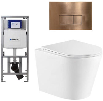 Geberit QeramiQ Dely Toiletset - 36.3x51.7cm - diepspoel - rimless - Geberit UP320 inbouwreservoir - met Burda frame - softclose toiletzitting - koperen bedieningsplaat - rechtehoekige knoppen - wit glans SW1026255/0701131/SW706197/SW1159504