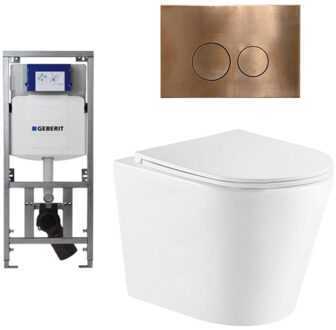 Geberit QeramiQ Dely Toiletset - 36.3x51.7cm - diepspoel - rimless - Geberit UP320 inbouwreservoir - met Burda frame - softclose toiletzitting - koperen bedieningsplaat - ronde knoppen - wit glans SW1026255/0701131/SW706196/SW1159504