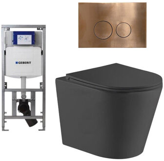 Geberit QeramiQ Dely Toiletset - 36.3x51.7cm - diepspoel - rimless - Geberit UP320 inbouwreservoir - met Burda frame - softclose toiletzitting - koperen bedieningsplaat - ronde knoppen - zwart mat SW1026253/0701131/SW706196/SW1000768