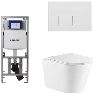 Geberit QeramiQ Dely Toiletset - 36.3x51.7cm - diepspoel - rimless - Geberit UP320 inbouwreservoir - met Burda frame - softclose toiletzitting - mat witte bedieningsplaat - rechtehoekige knoppen - wit glans SW1026255/0701131/SW706191/SW1159504
