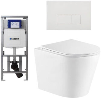 Geberit QeramiQ Dely Toiletset - 36.3x51.7cm - diepspoel - rimless - Geberit UP320 inbouwreservoir - met Burda frame - softclose toiletzitting - mat witte bedieningsplaat - rechtehoekige knoppen - wit mat SW1000766/0701131/SW706191/SW1026254