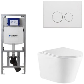Geberit QeramiQ Dely Toiletset - 36.3x51.7cm - diepspoel - rimless - Geberit UP320 inbouwreservoir - met Burda frame - softclose toiletzitting - mat witte bedieningsplaat - ronde knoppen - wit glans SW1026255/0701131/SW706190/SW1159504